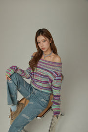 Off-Shoulder Color Stripe Knit Sweater