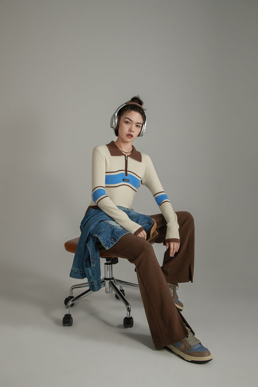 CHUU Half Zip-Up Color Collar Knit Sweater