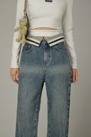 Color Matching Folded Waist Wide Denim Jeans