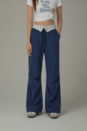 Color Matching Folded Waist Collar String Pants