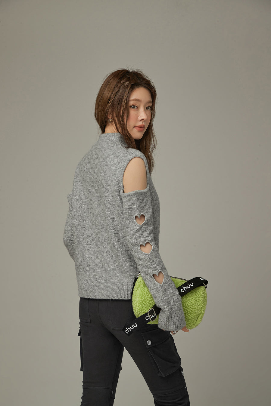 CHUU Off-Shoulder Heart Cut Out Knit Sweater