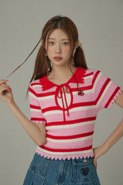 Stripe Ribbon Keyhole Knit Top