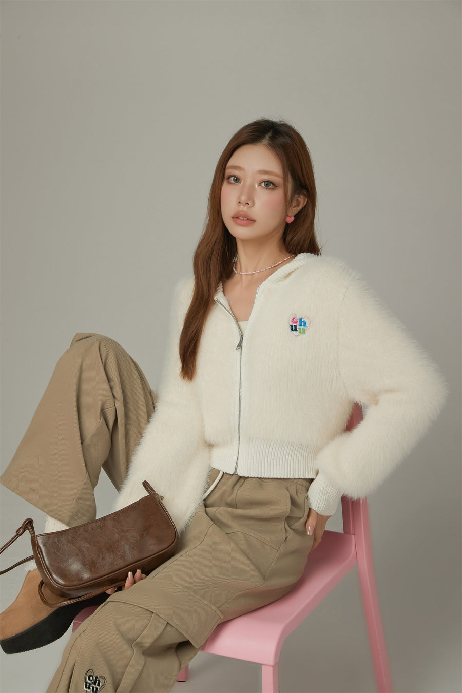 CHUU Hooded Crop Simple Zip-Up