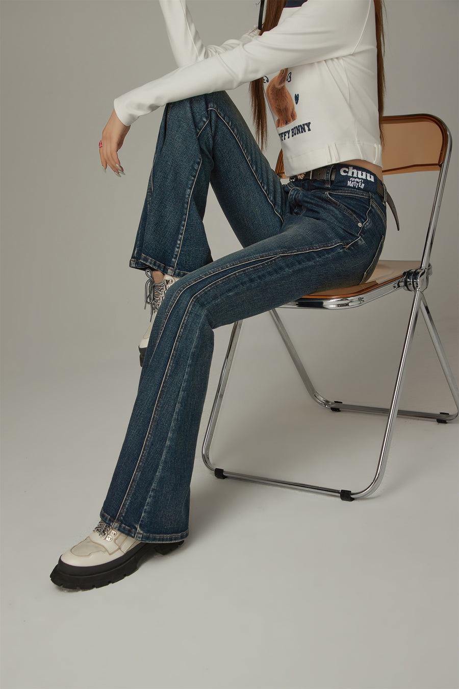 CHUU Stitch Lined Denim Wide Jeans