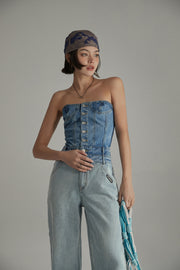 Tube Top Multi Buttons Denim Jumpsuit