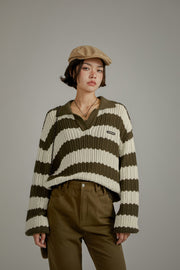 Color Combination Stripe Open Collar Knit Sweater