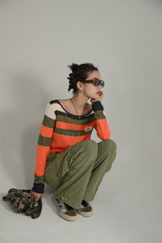 Faded Noe Lettering Multi Color Stripes Crop Knit Top