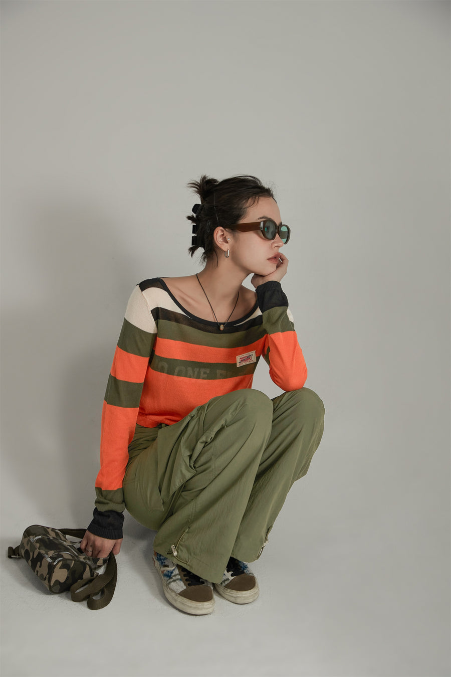 CHUU Faded Noe Lettering Multi Color Stripes Crop Knit Top