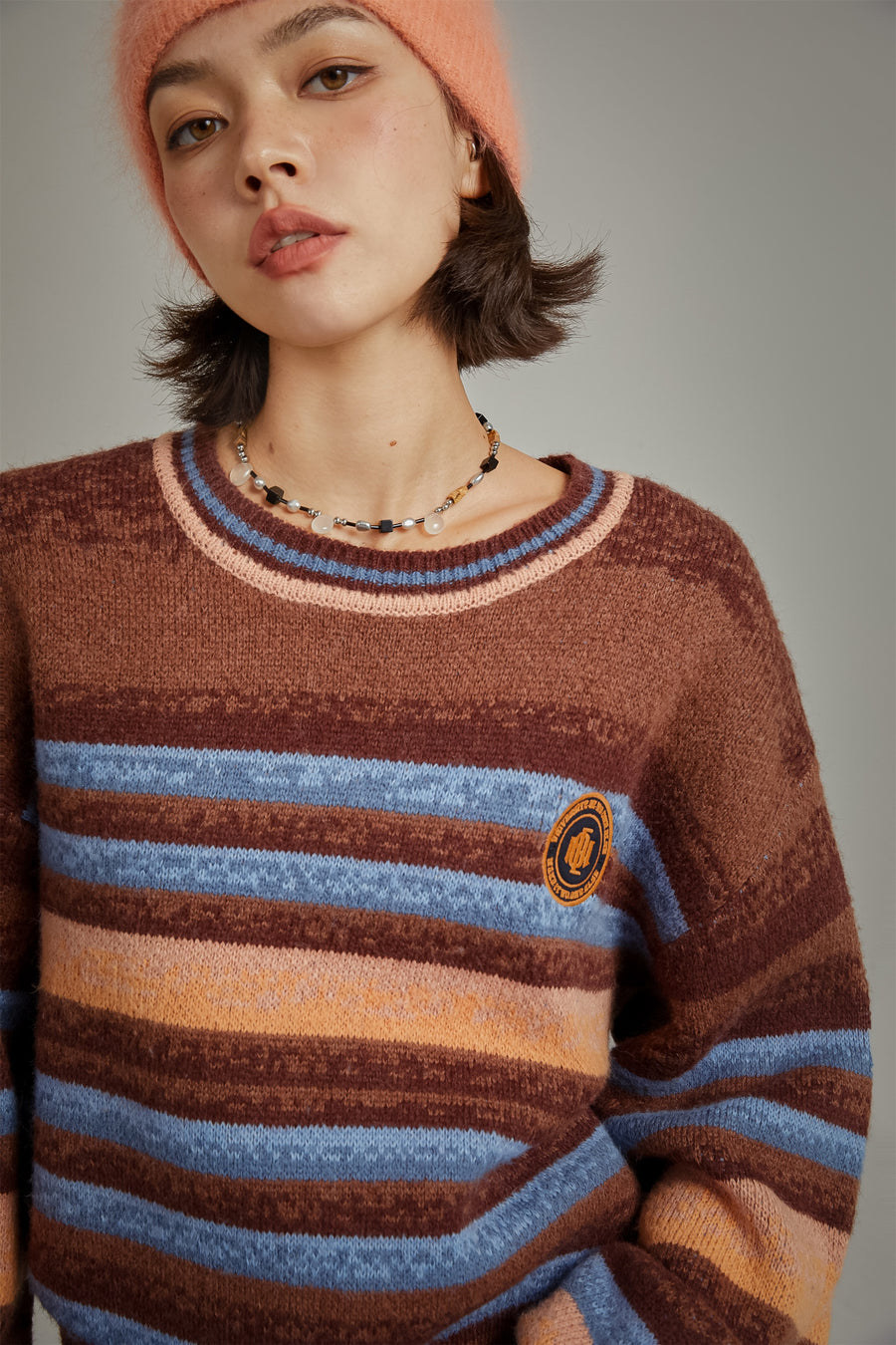 CHUU Logo Striped Loose Fit Knit Sweater