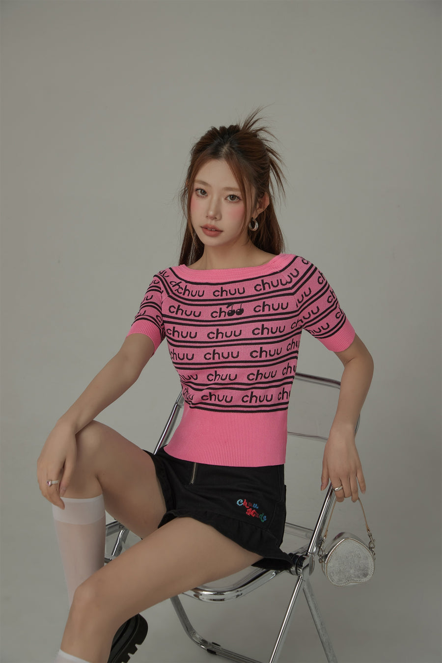 CHUU Cherry One Word Short Sleeved Knitted Slim Sweater