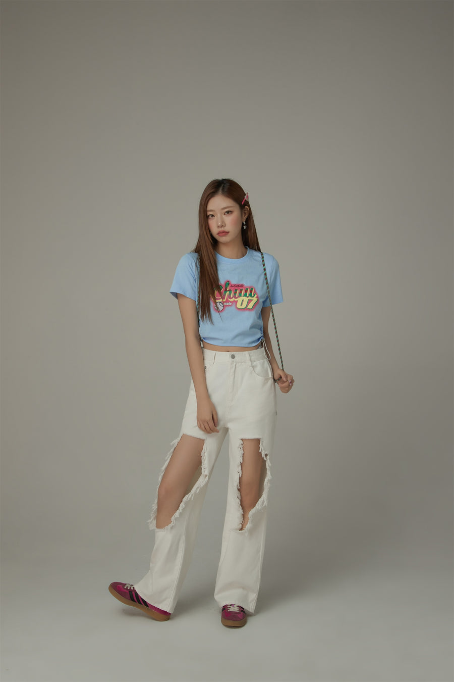 CHUU High Waist Distressed Ripped Open Wide-Leg Pants