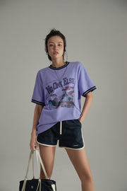 College Style Printed Colorblocked Line T-Shirt