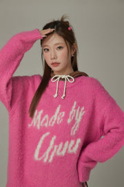 Logo Distressed Lettering Loose Fit Knit Sweater