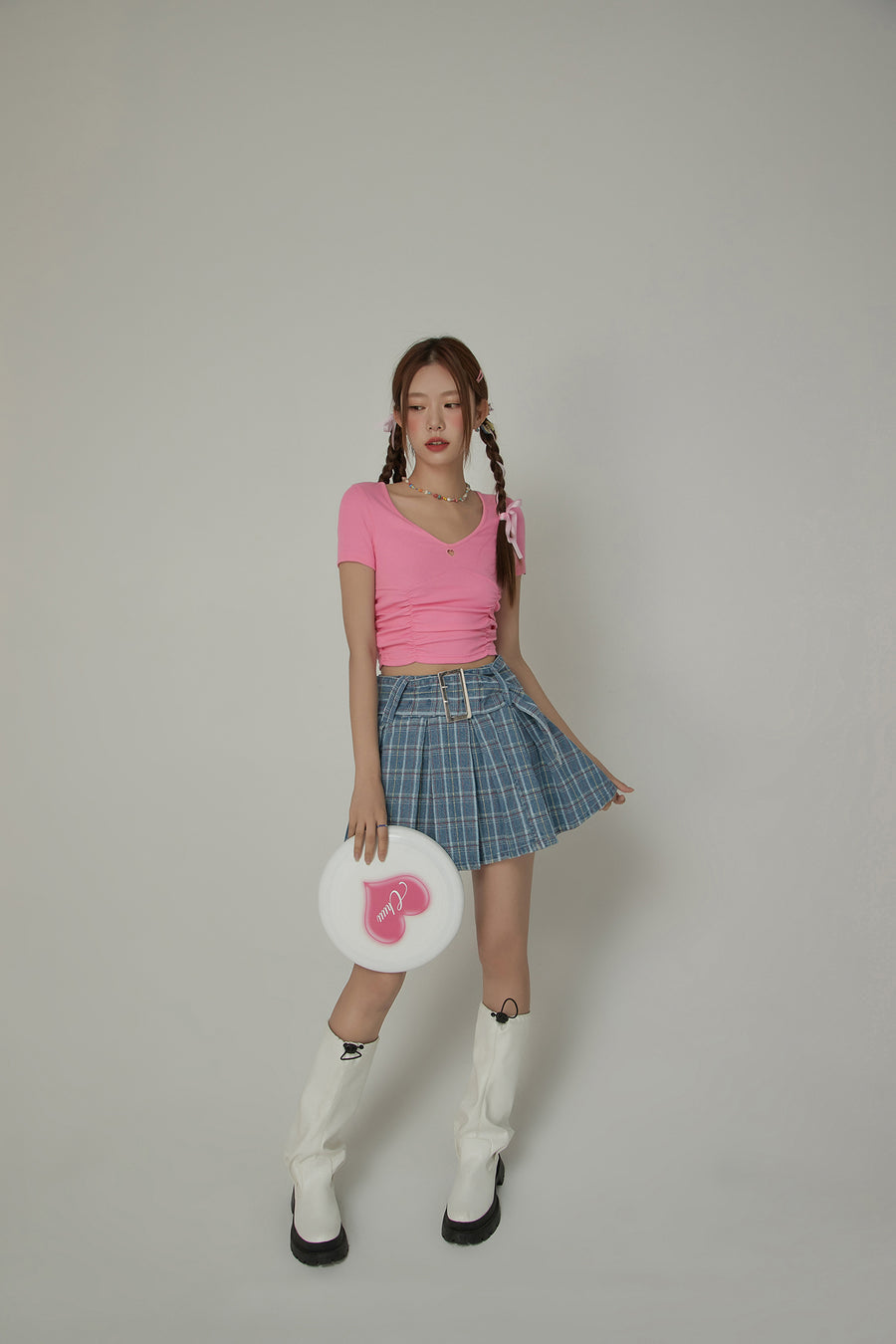 CHUU Check Pleated Big Belt Mini Skirt