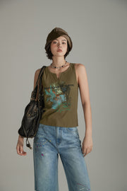 V Split Deer Character Sleeveless Top