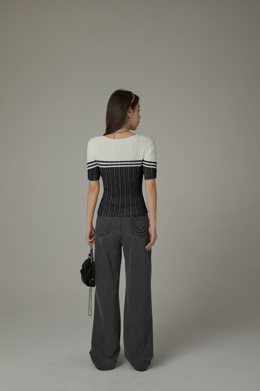 CHUU Ribbed Color Blocked Button Short Sleeve Cardigan