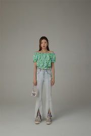 Shirred Puffy Sleeve Cropped Blouse