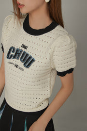 Size Doesnt Matter Color Hole Pattern Preppy Logo Knit Top