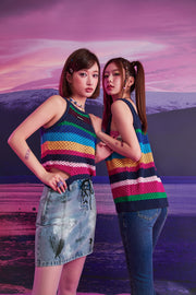 Logo Rainbow Knit Sleeveless U-Neck Top