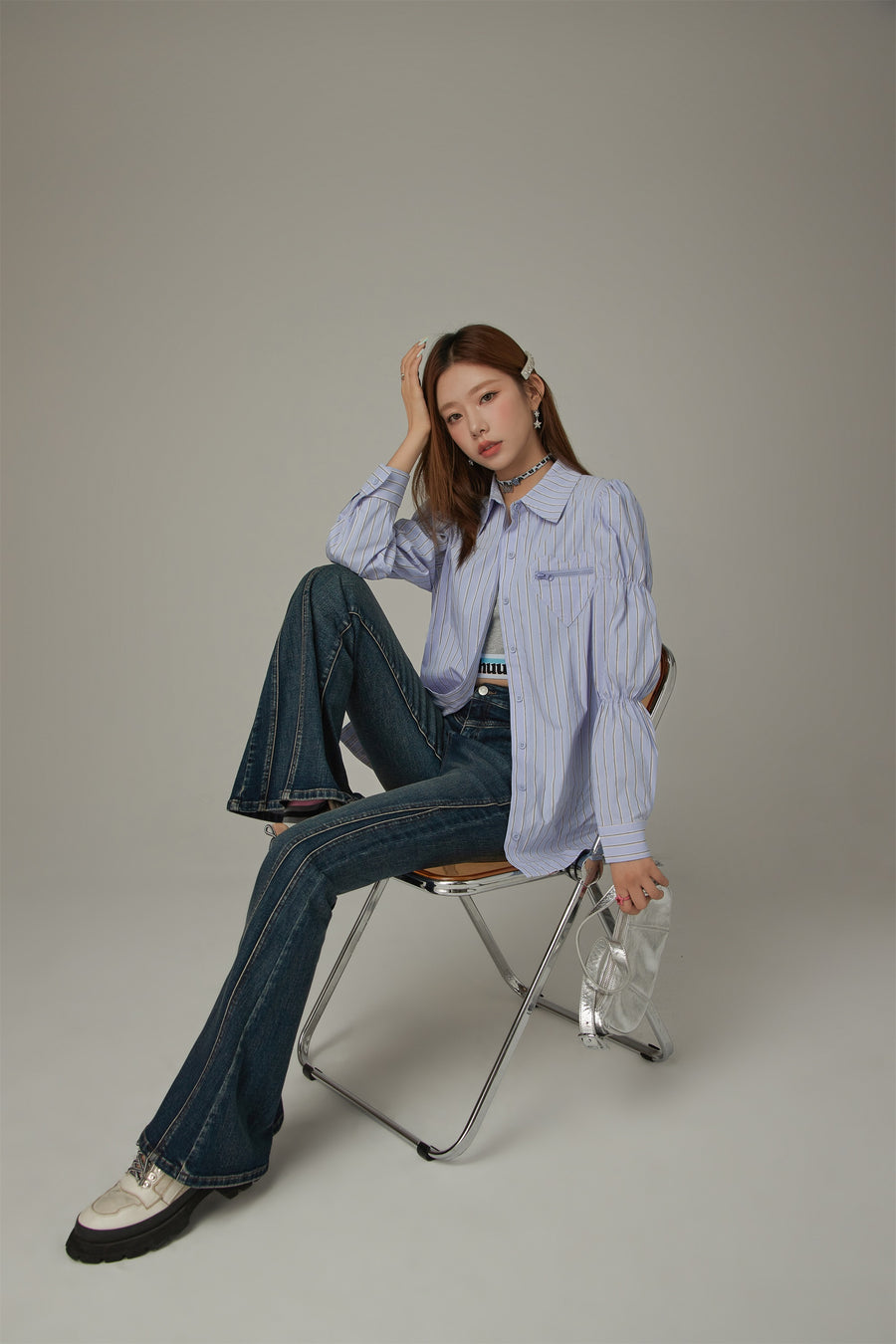 CHUU Heart Pocket Stripe Shirt