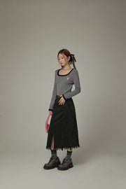 Slit Fringed Hem Long Skirt