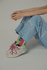 Embroidered Lettering Straight Jeans