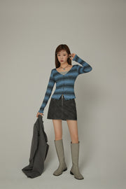 Color Matching Stripe V-Neck Slim Top