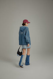 Embroidered Letter Denim Hooded Jacket