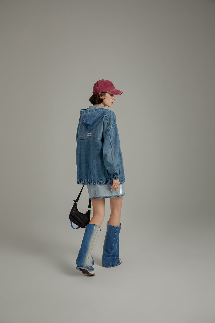 CHUU Embroidered Letter Denim Hooded Jacket