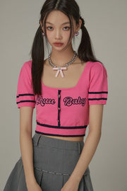 Chuu Baby Square Neck Heart Button Crop Kniit Top