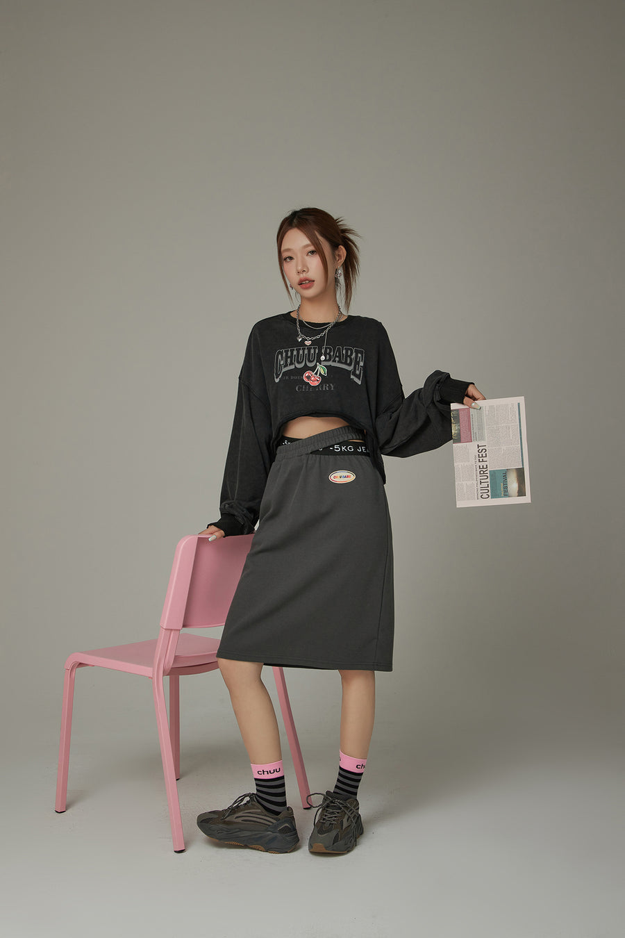 CHUU High Waist Slit Basic Skirt