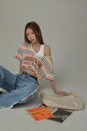 Rainbow Line Banding Open Back Sleeveless Crop Top