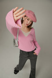 Color V-Neck Layered Knit Sweater