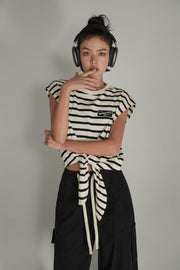 Striped Front Tie Loose Fit Sleeveless T-Shirt