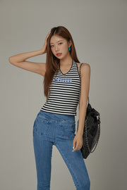 Logo Halter Neck Color Stripe Sleeveless Top