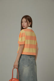 Half Zip-Up Color Stripe Collar Top