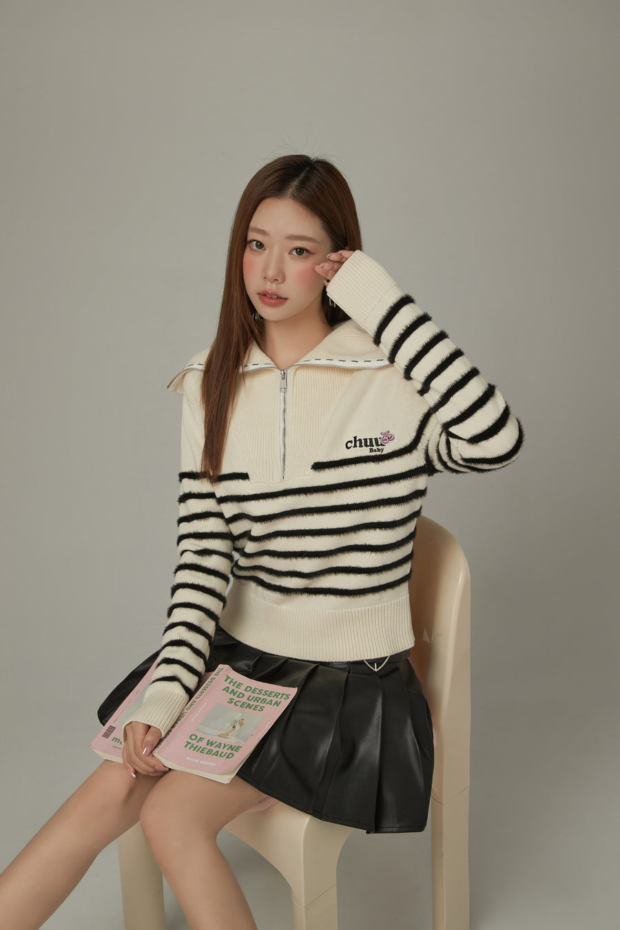 CHUU Big Collar Striped Knit Sweater