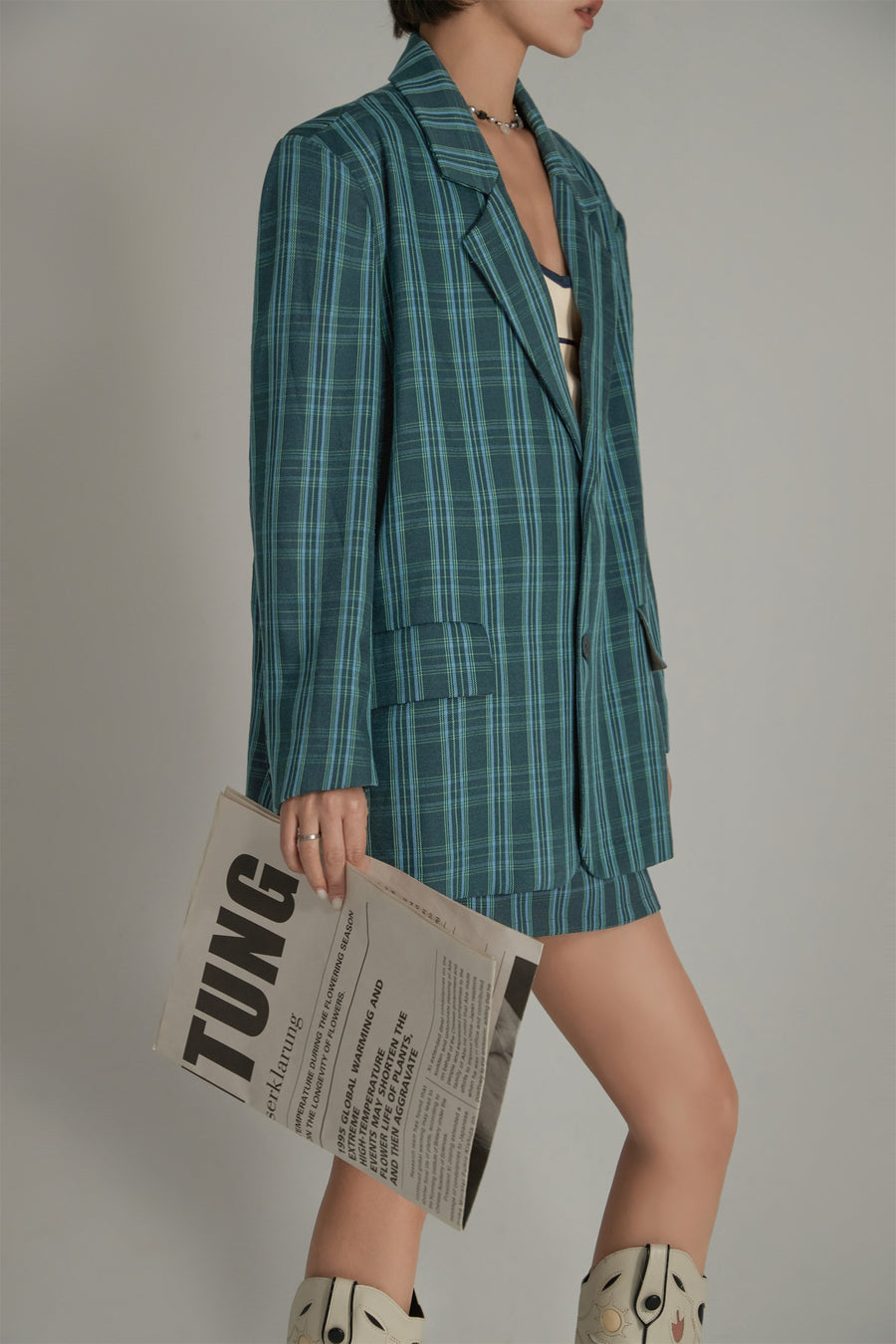 CHUU Vintage Check Preppy Embroidered Blazer Jacket