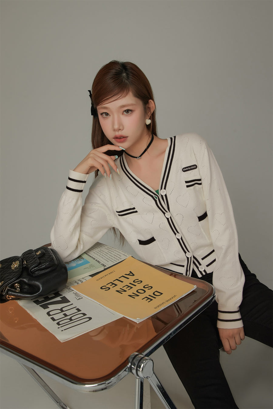 CHUU Heart Hole Pattern Knit Cardigan