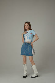 Multi Color Cherry Ribbon Tie Denim Mini Skirt