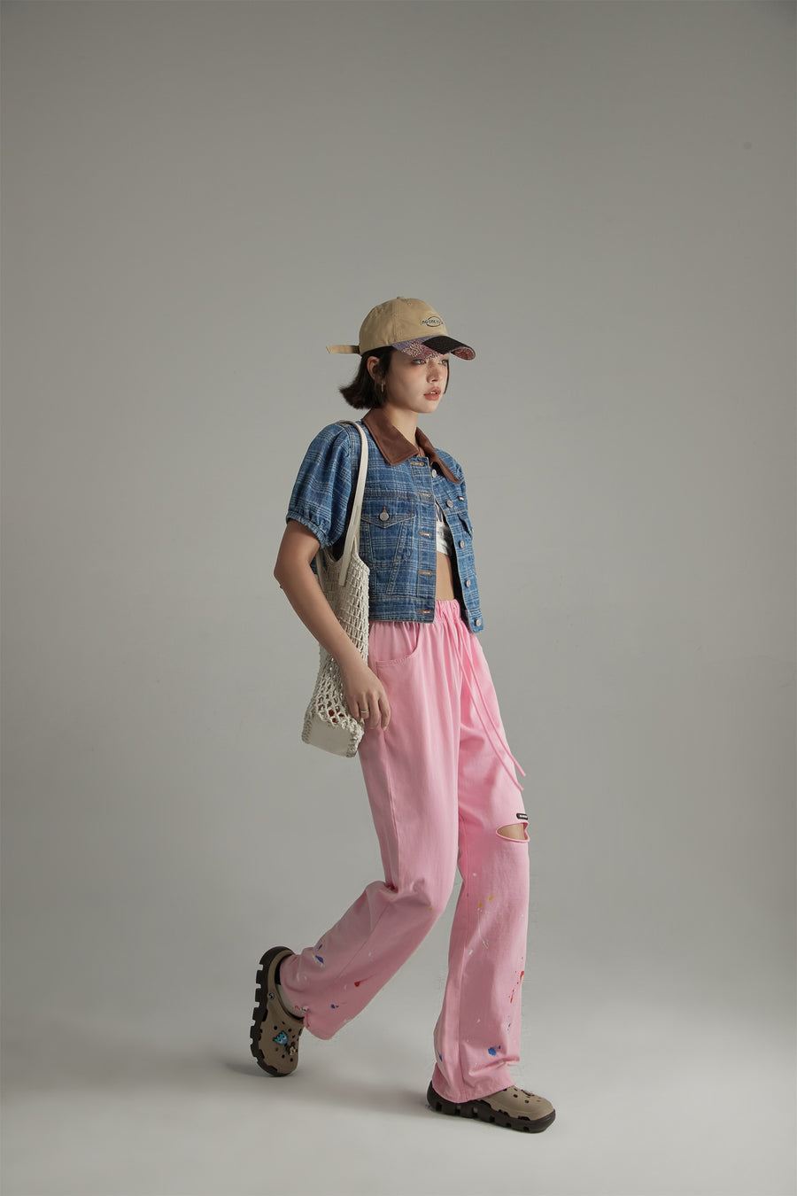 CHUU Vintage Check Puffy Short Sleeve Denim Jacket