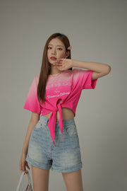 Gradient Short Sleeve Ribbon Tie Up Crop T-Shirt