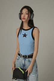 Chuu Star Center Line-Colored Sleeveless Semi Crop T-Shirt