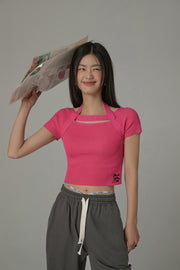 Halter Neck Banding Basic Short Sleeve Knit Crop Top