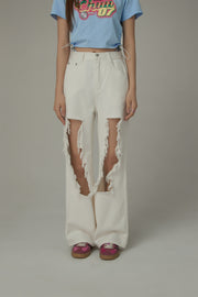 High Waist Distressed Ripped Open Wide-Leg Pants