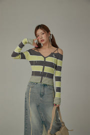 Color Combination Stripe Off The Shoulder Knit Sweater