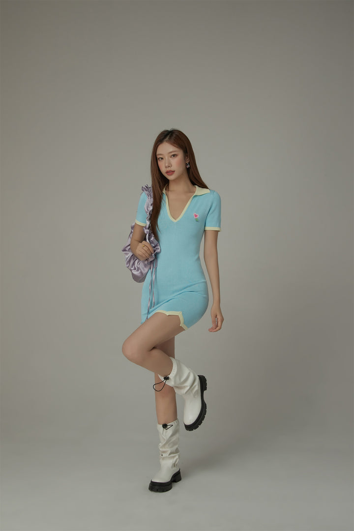 V- Neck Open Collar Colorblocked Mini Dress