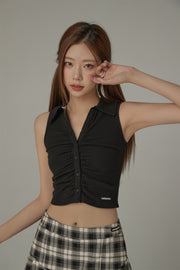 Shirred Button Color Sleeveless Crop Top