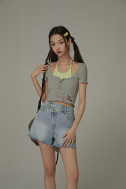 Halter Neck Eyelet Color Blocked T-Shirt