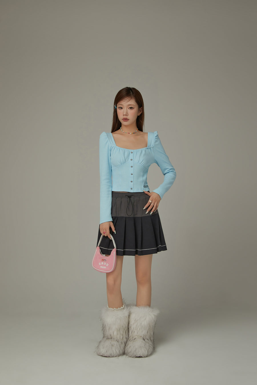 CHUU Heart Buttons Square Puff Sleeve Top